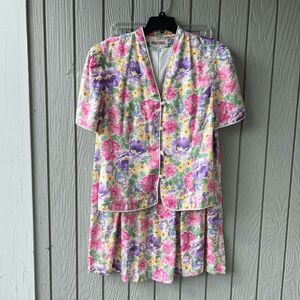 Vintage 90s Maggy London 100% Silk Floral Skirt & Top Set – M/L